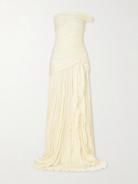 One-shoulder Draped Plissé-chiffon Gown