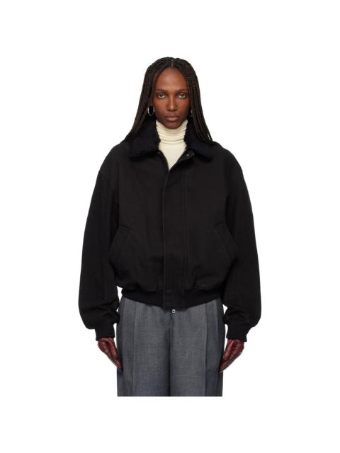 Black Washed Cotton Faux-Shearling Trim Bomber Jacket