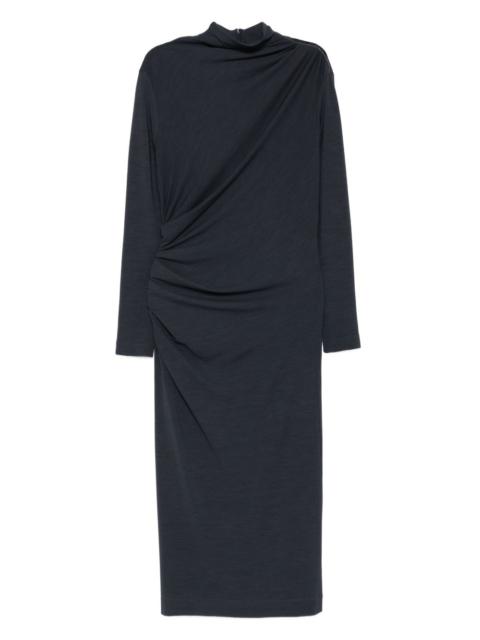 high-neck gathered midi dress