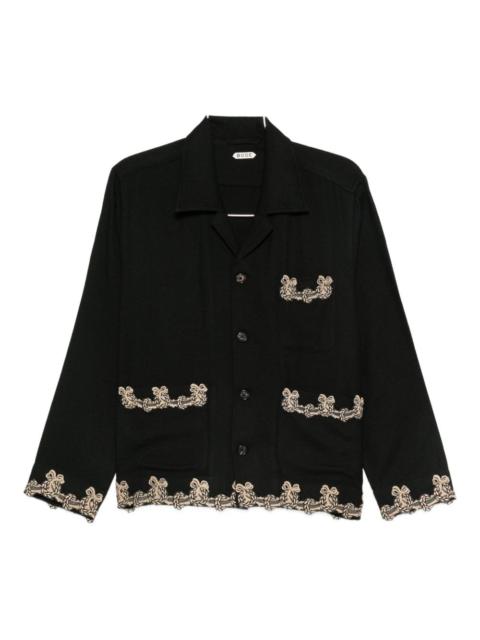 embroidered-pocket wool overshirt