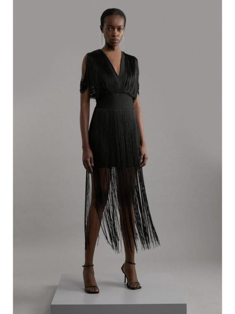 Figure Form Bandage Knit Fringe Detail Dress