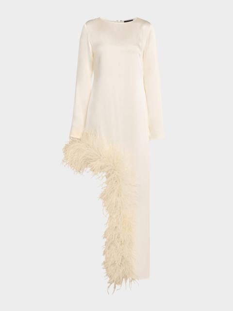 Feather-Trim Asymmetric Long-Sleeve Satin Dress
