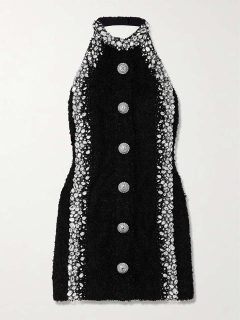 Crystal-embellished bouclé halterneck mini dress Black