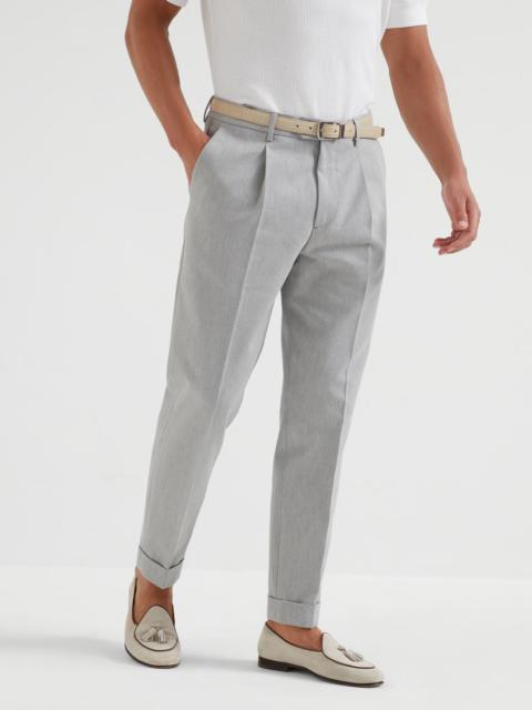 Cotton and virgin wool gabardine leisure fit trousers with pleat
