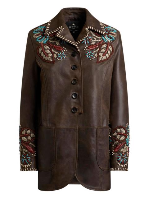 paisley-embroidered leather jacket