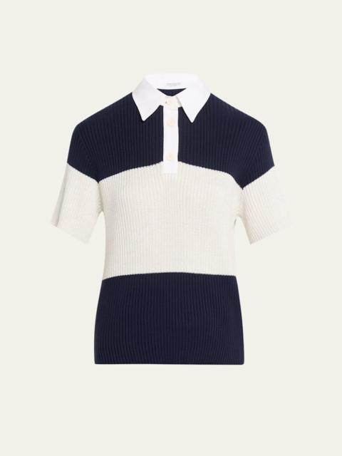 Shimmering Striped Cotton Rib Short-Sleeve Polo Sweater