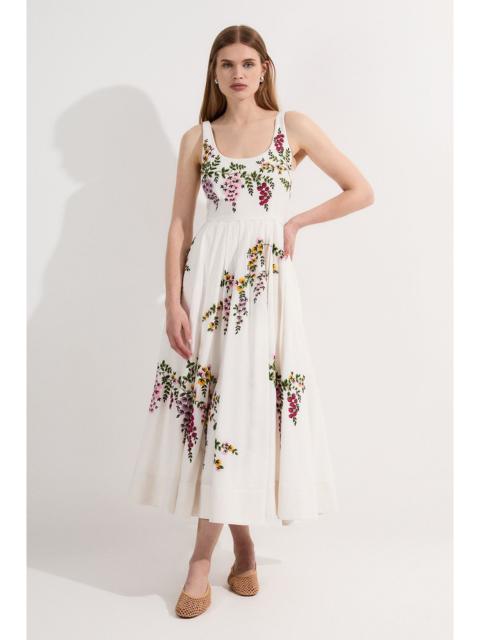 Petite Floral Embroidered Cotton Linen Woven Prom Dress