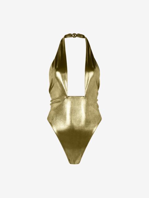 Gold One-Piece Swimsuit with Geometric Neckline