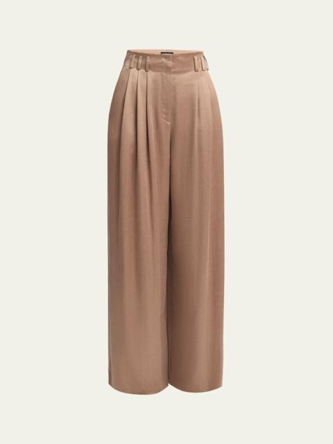 Pleated Wide Leg Viscose-Blend Trousers