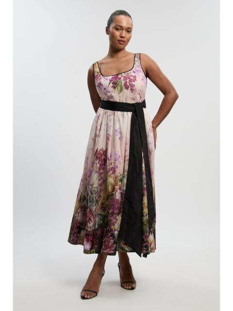Plus Size Floral Print Silk Cotton Strappy Woven Maxi Dress