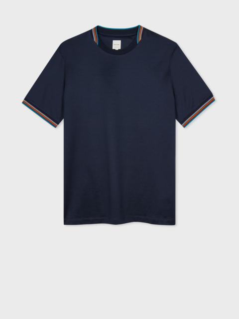 Navy Mercerised Cotton 'Signature Stripe' Trim T-Shirt