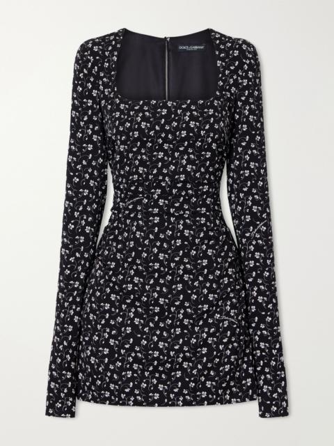 Floral-print ruched silk-blend charmeuse mini dress Black
