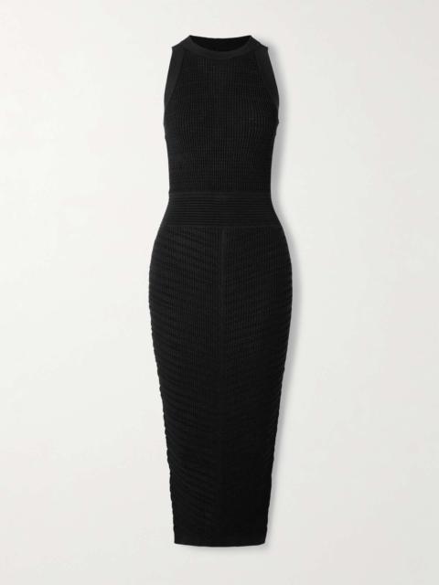 Cutout ribbed-knit halterneck midi dress Black