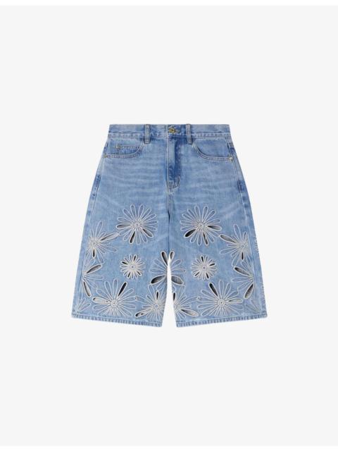Floral-Embroidered Denim Bermuda Shorts