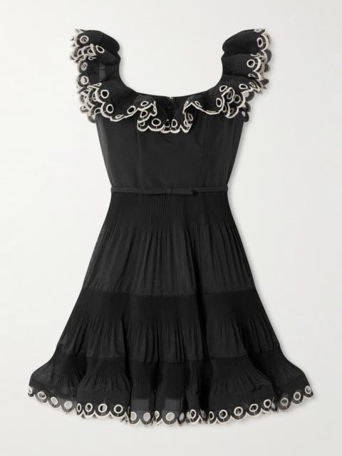 Belted Embroidered Ruffled Pleated Organza Mini Dress