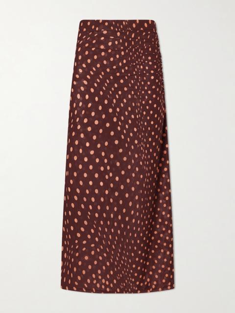 Gathered Polka-dot Mesh Midi Skirt