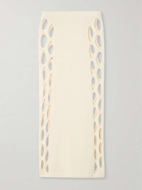 Steer cutout ribbed wool-blend midi skirt
