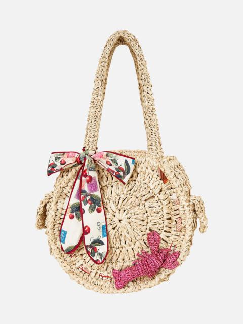 RAFFIA ROUND SHOULDER BAG WITH SCARF BOW