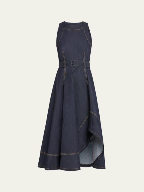 Zelda Belted Asymmetric Sleeveless Denim Midi Dress