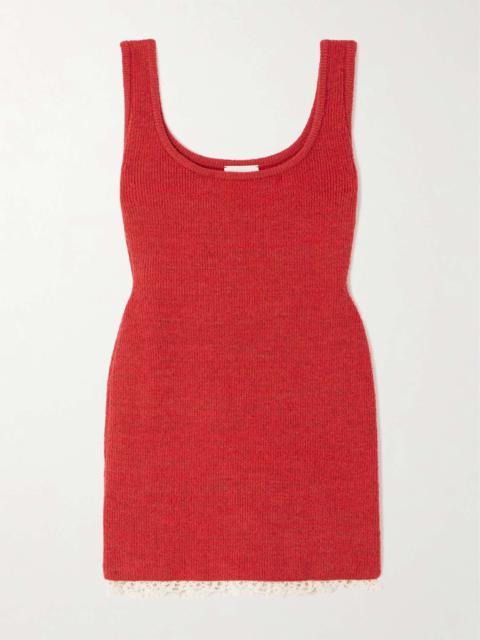 Cotton crochet-trimmed ribbed-knit mini dress Red