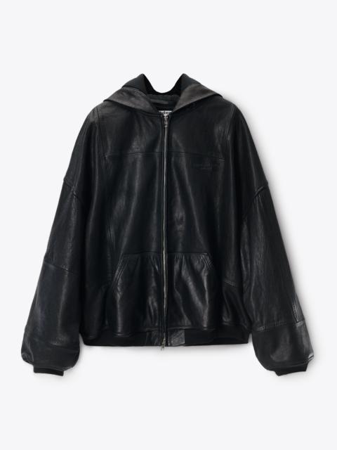 Black Worn Moto Leather Hoodie Jacket