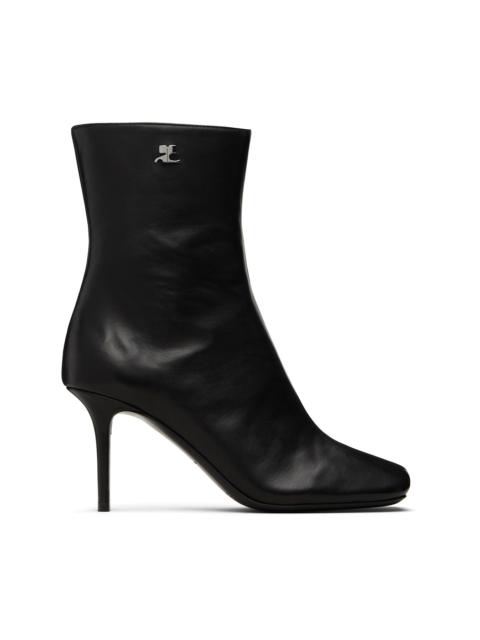 Black Square Toe Leather Ankle Boots