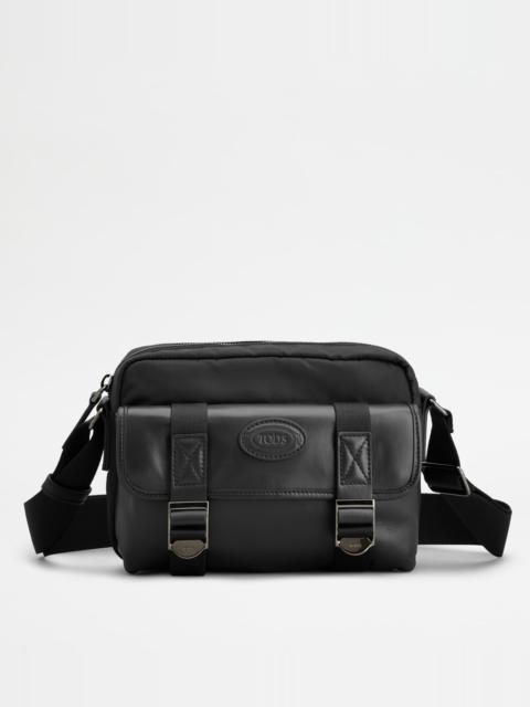 MESSENGER BAG IN FABRIC AND LEATHER MINI - BLACK