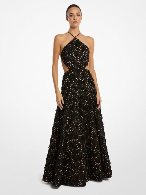 Hand-Beaded Floral Cotton Eyelet Cutout Halter Gown