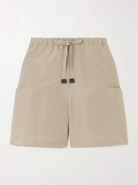 Leather-trimmed linen and silk-blend shorts Beige