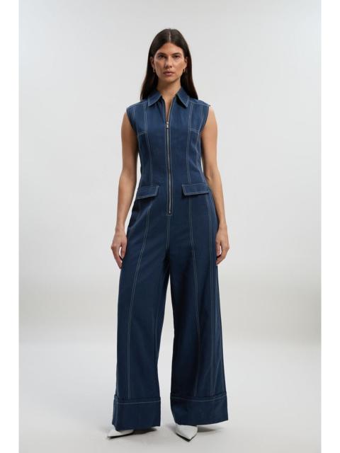 Petite Tencel Cotton Contrast Stitch Zip Front Woven Jumpsuit