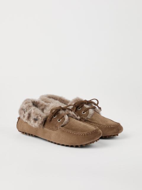 Suede driving loafers with monili and shearling lining