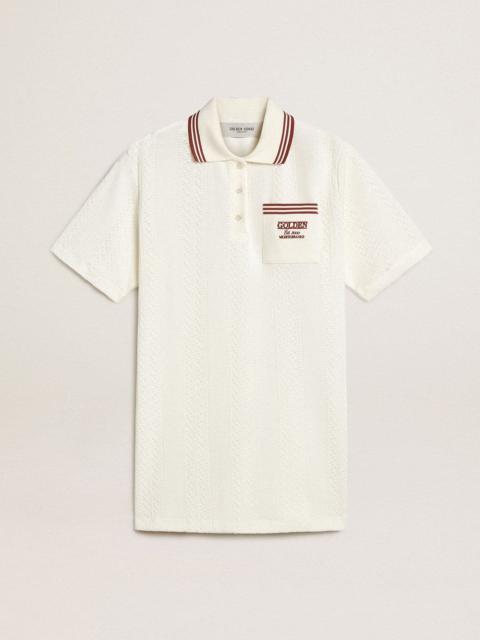 Women's Oasis polo dress in white perforated jersey with burgundy stripes