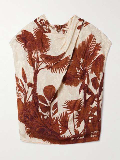 Island Stories Open-back Draped Printed Satin-jacquard Top