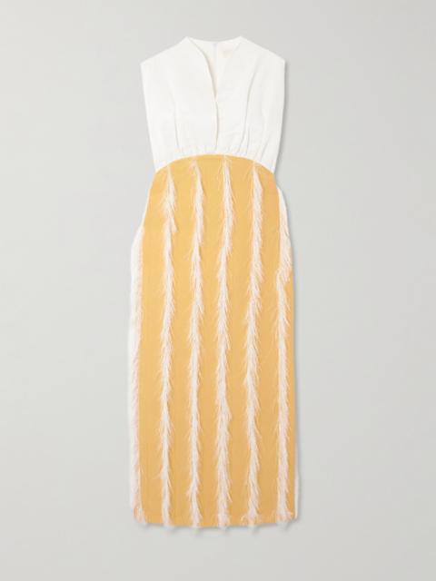 Paz Faux Feather-trimmed Pleated Cotton-blend Twill Midi Dress