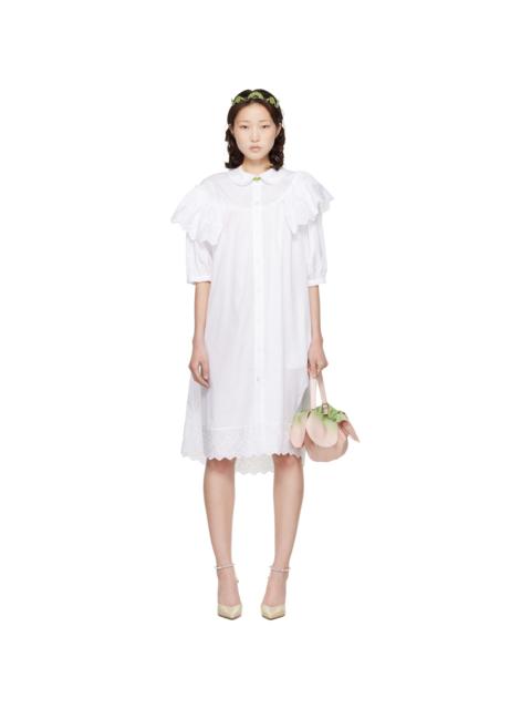 White Puff Sleeve Ruffle Frill Trim Shirt Midi Dress