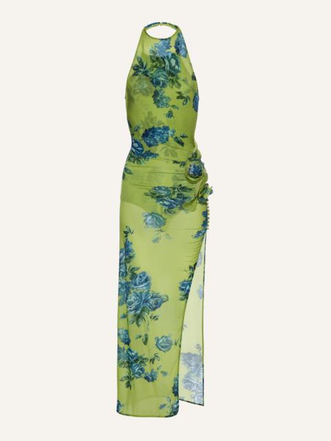 High-neck floral applique midi dress in green print