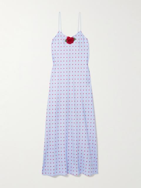 Appliquéd Printed Silk-twill Midi Dress