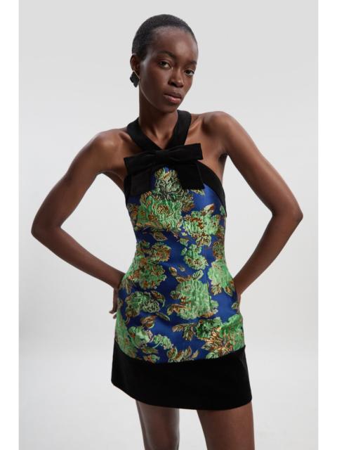 Velvet And Jacquard Contrast Halterneck Tailored Mini Dress