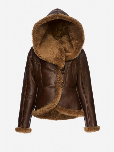 Shearling hooded jacket in dark brown