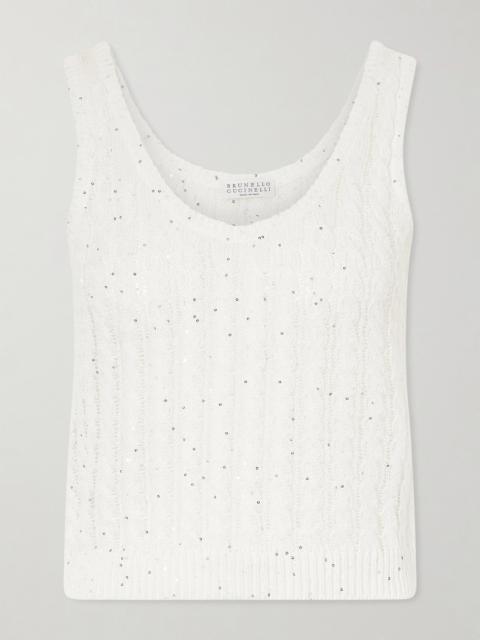 Sequin-embellished Open-knit Linen-blend Tank