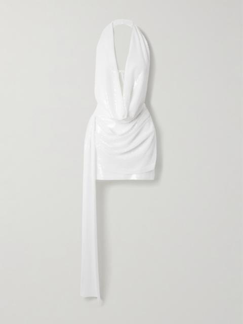Halterneck Draped Sequined Crepe Mini Dress