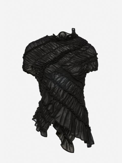 Ruched cotton short sleeve blouse in black