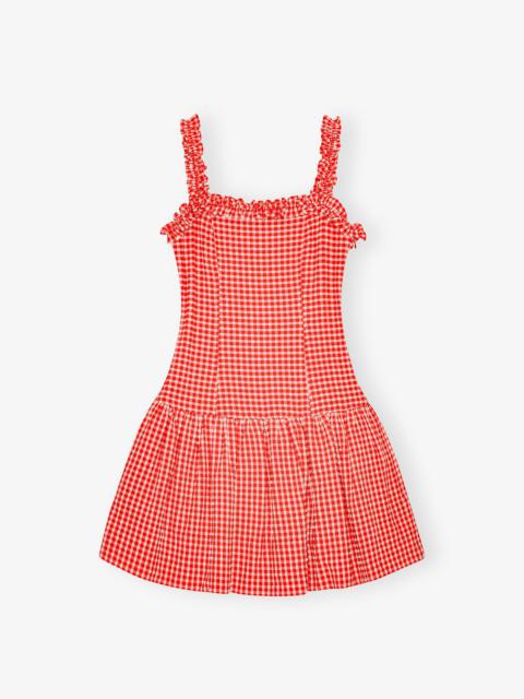 RED STRETCH SEERSUCKER STRAP RUFFLE MINI DRESS