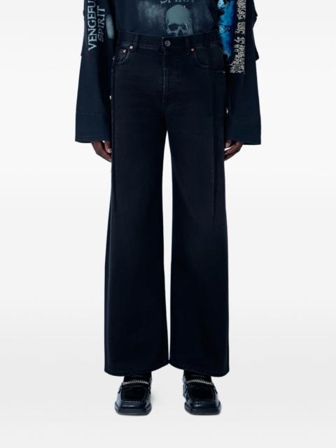 five-pocket distressed-finish jeans