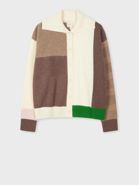 Women's Cream and Brown Patchwork Collared Cardigan