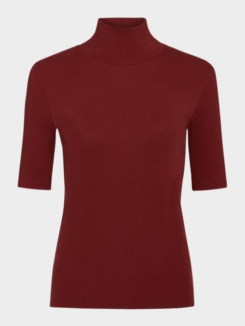 Ribbed Elbow-Sleeve Turtleneck Top