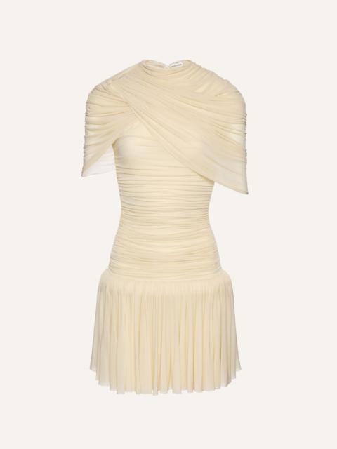 Drop-waist wrap mini dress in beige