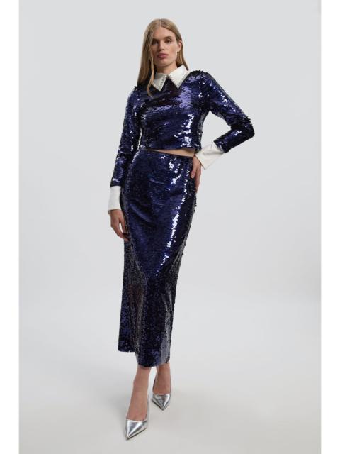 Sequin Front Split Woven Midi Skirt