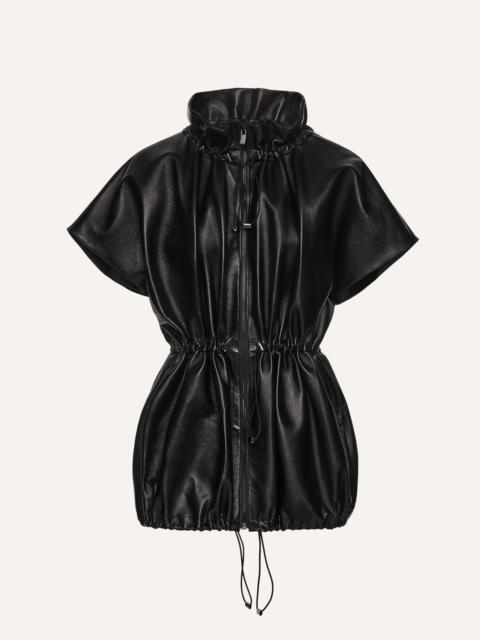 Elasticized leather peplum jacket in black