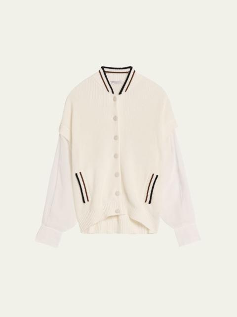 Organza-Sleeves English Rib Varsity Cardigan